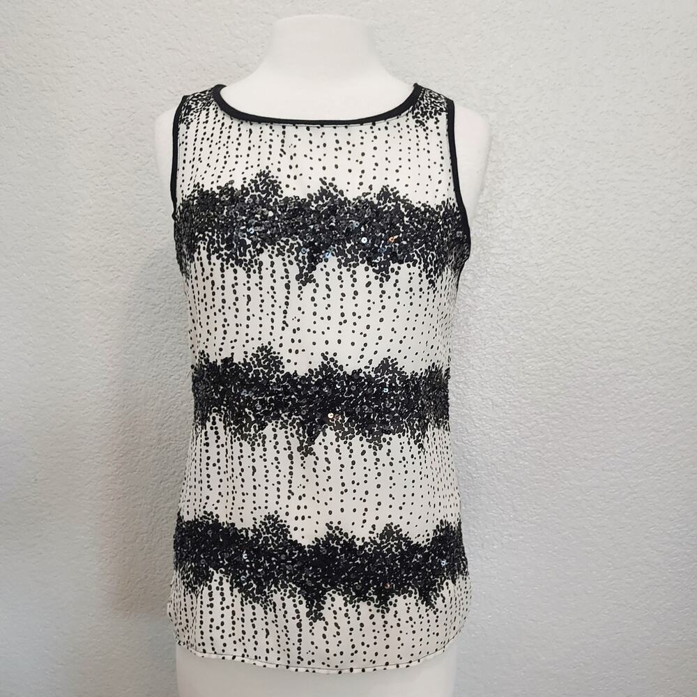 Ann Taylor LOFT White Black Sequined Blouse Size S